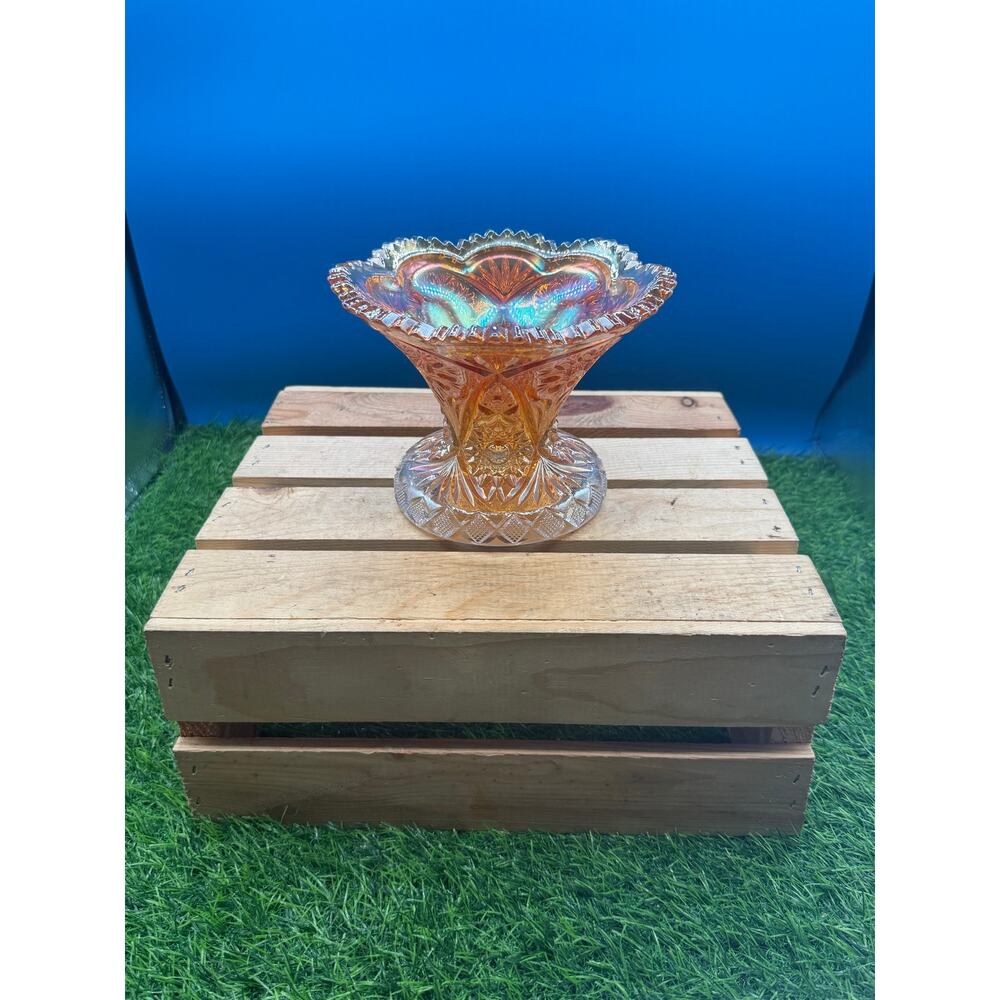 Vintage Marigold Carnival Glass Compote Pedestal Bowl - Iridescent Sawtooth Edge